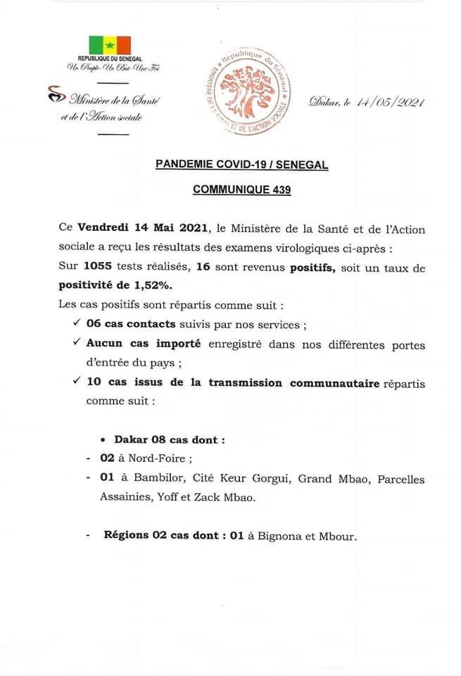 SÉNÉGAL : 16 nouveaux cas testés positifs au coronavirus, 28 nouveaux guéris, aucun nouveau décès et 11 cas graves en réanimation.
