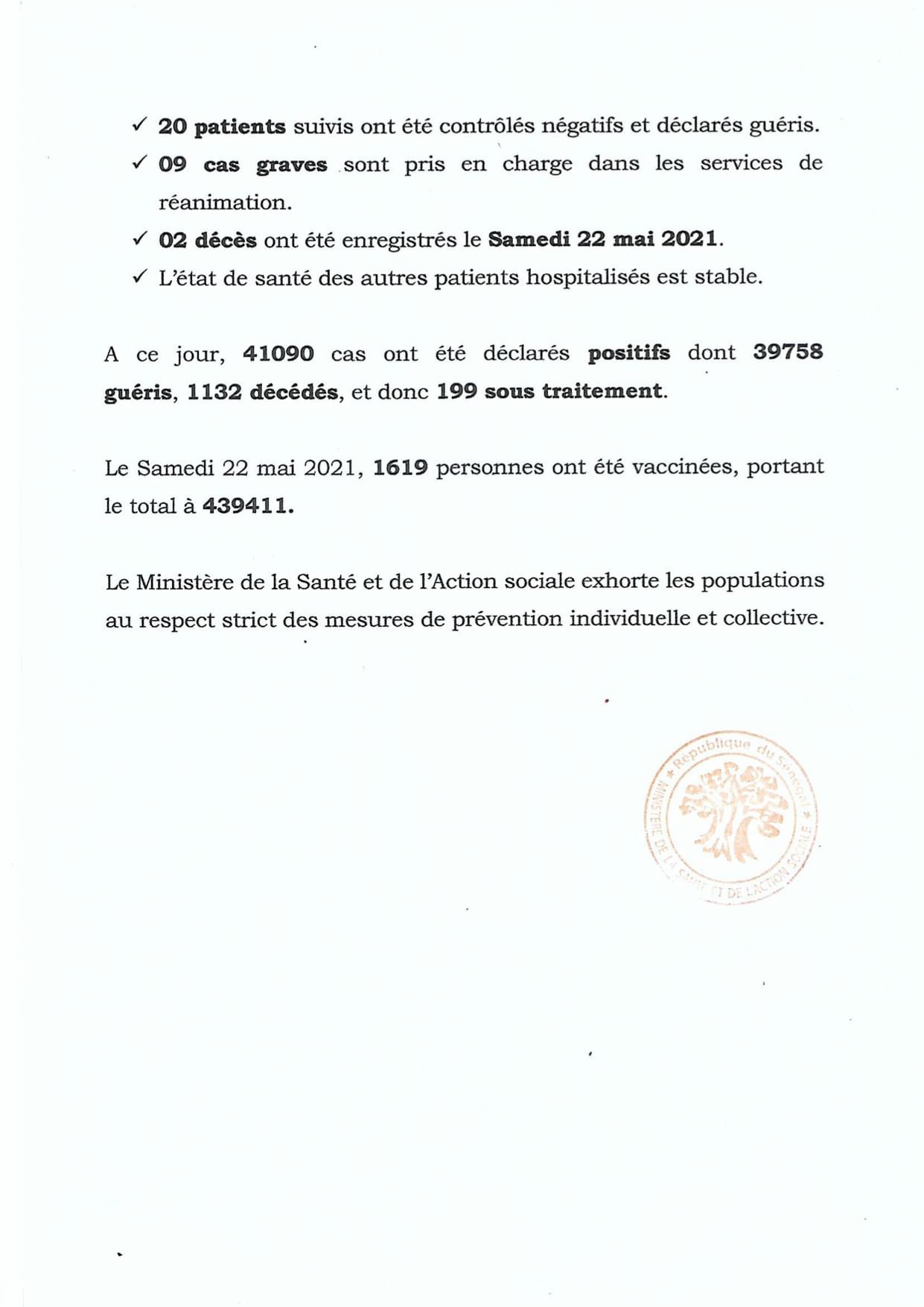 SÉNÉGAL : 28 nouveaux cas testés positifs au coronavirus, 20 nouveaux guéris, 2 nouveaux décès et 9 cas graves en réanimation.
