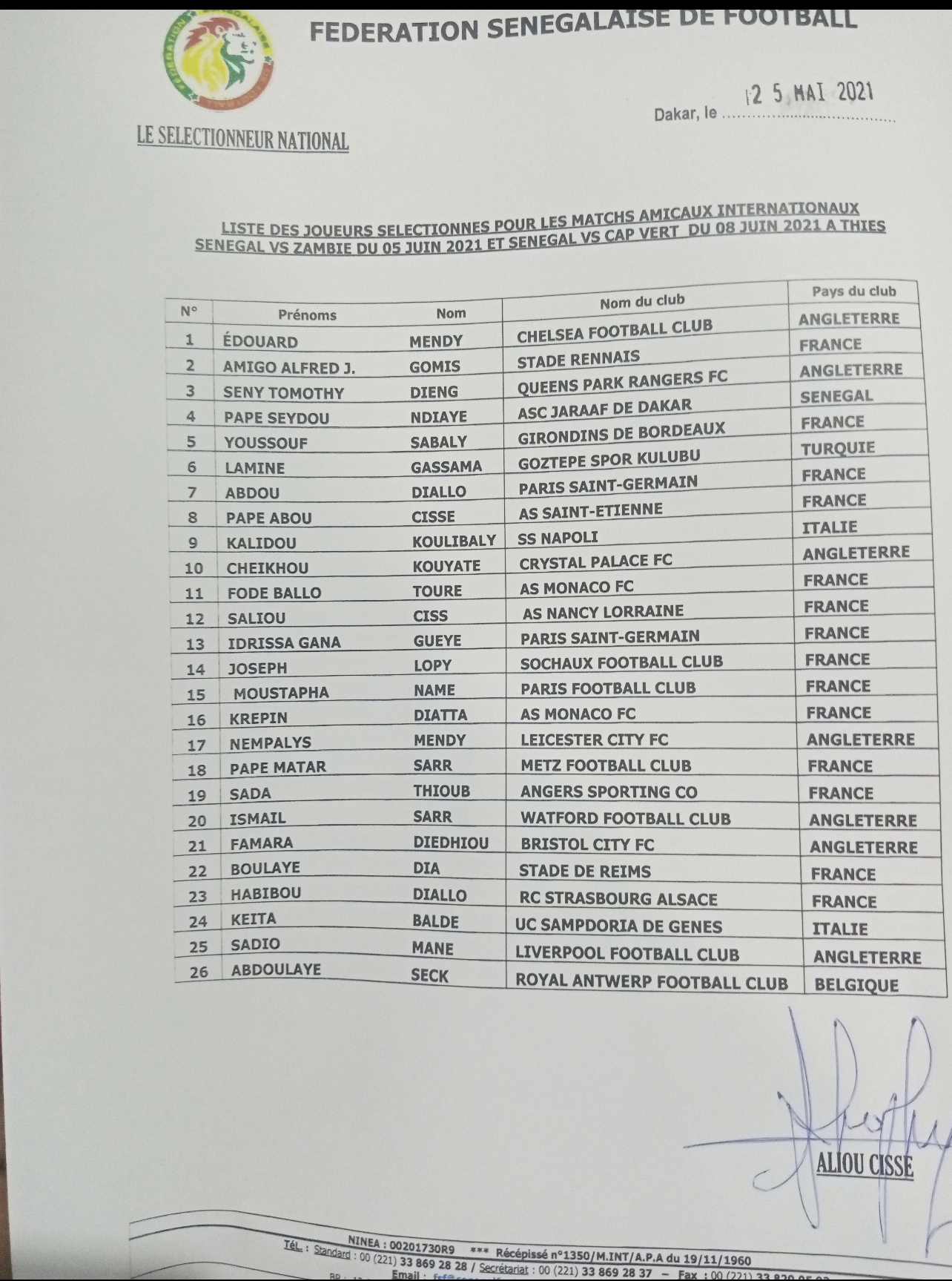 Matchs amicaux contre la Zambie et le Cap-Vert : Aliou Cissé fait appel à 26 joueurs dont Pape Seydou Ndiaye et Matar Sarr avec les retours de Habib Diallo, Youssouph Sabaly et Cie...