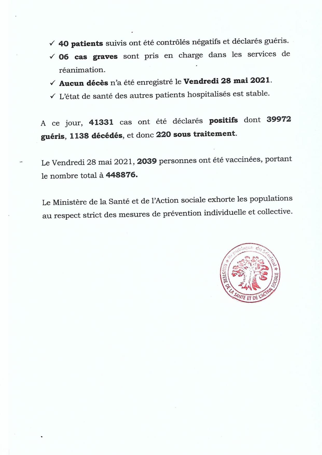 SÉNÉGAL : 35 nouveaux cas testés positifs au coronavirus, 40 nouveaux guéris, aucun nouveau décès et 6 cas graves en réanimation.