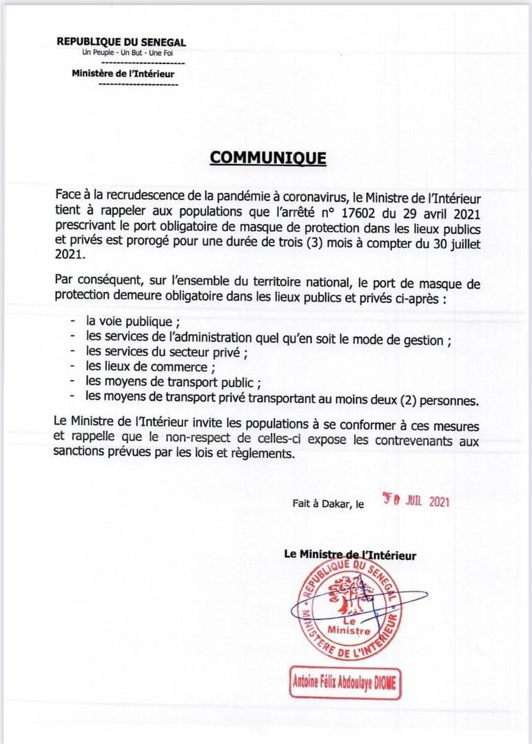 Port obligatoire de masque : l'arrêté prorogé pour une durée de trois (3) mois à compter du 30 juillet 2021