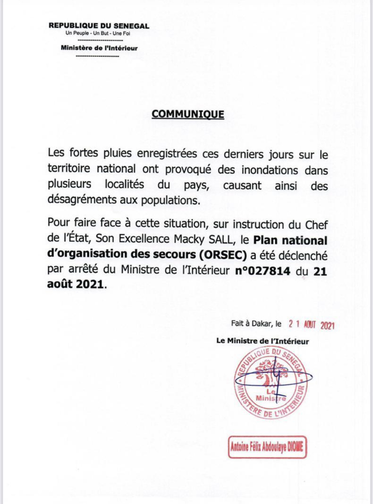 GESTION DES INONDATIONS : Le ministre de l’intérieur déclenche le Plan Orsec. (DOCUMENT)