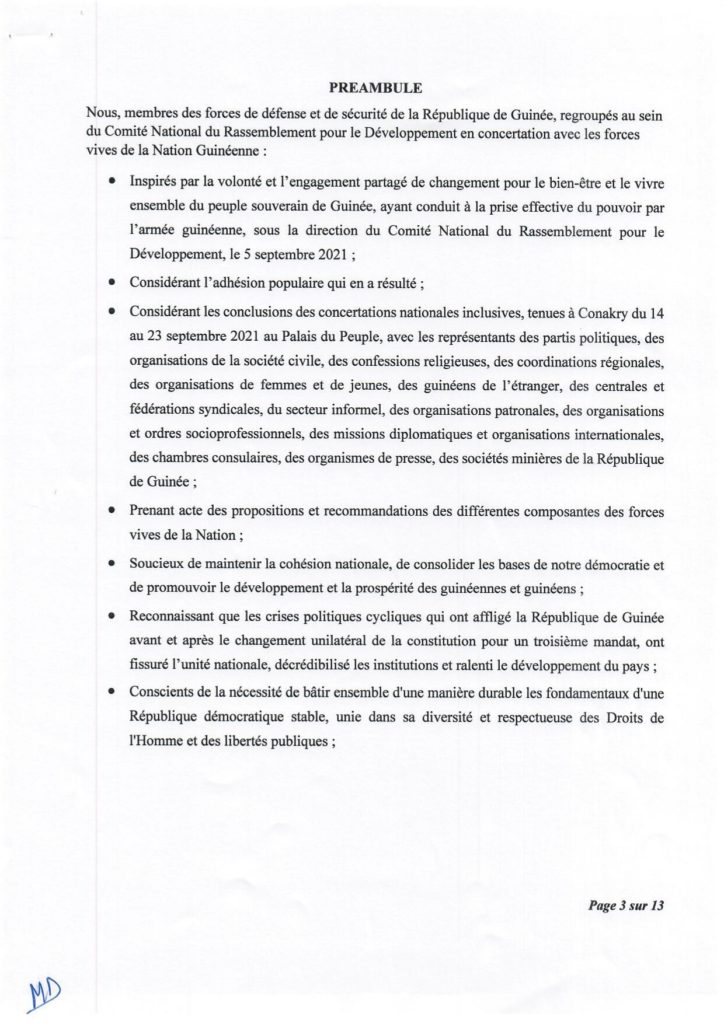Guinée : le Cnrd publie sa charte de transition, le Président Doumbouya pas candidat à la prochaine présidentielle selon les médias guinéens