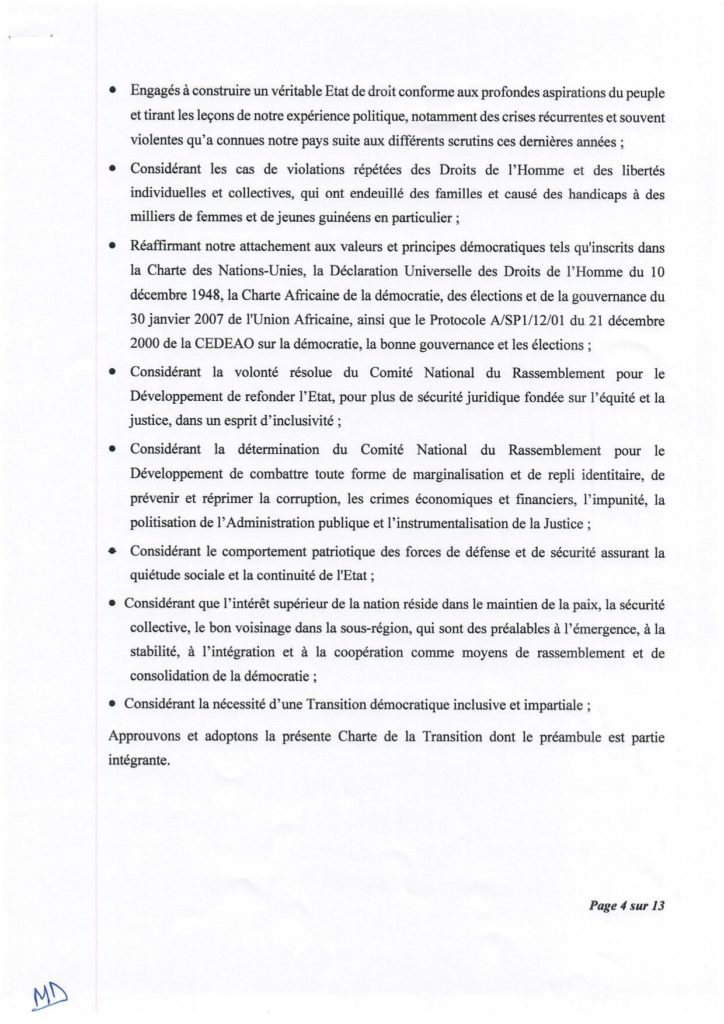 Guinée : le Cnrd publie sa charte de transition, le Président Doumbouya pas candidat à la prochaine présidentielle selon les médias guinéens