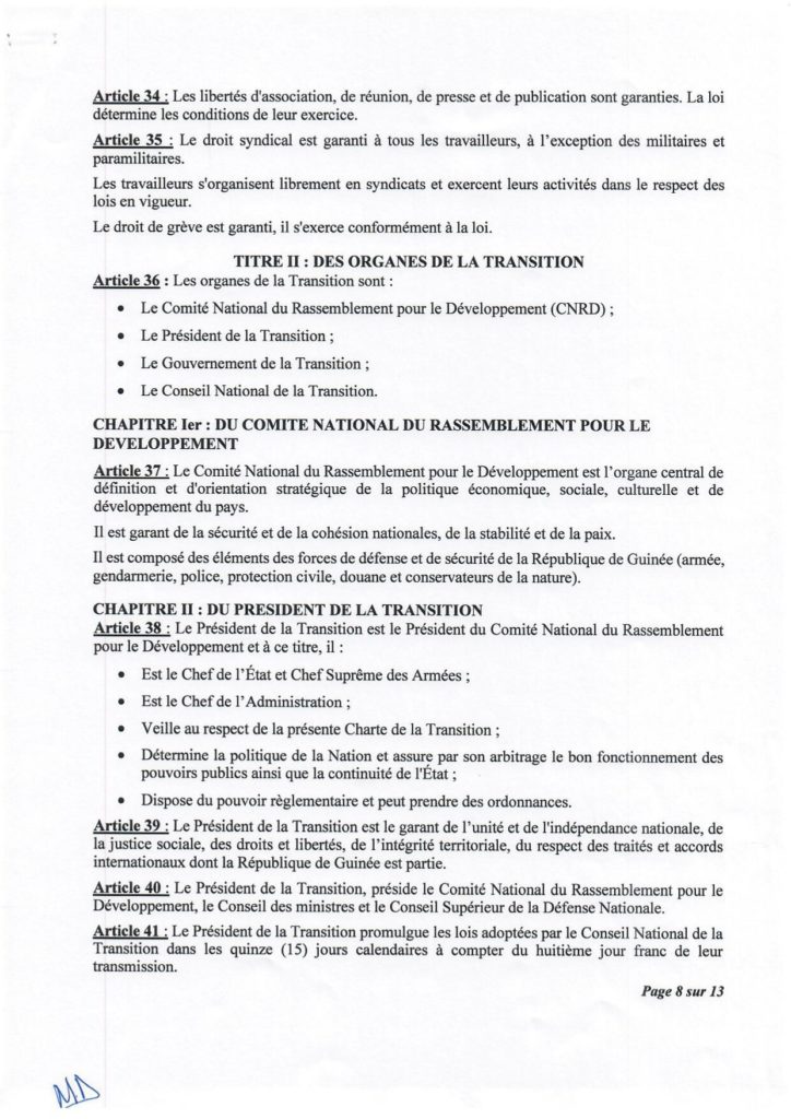Guinée : le Cnrd publie sa charte de transition, le Président Doumbouya pas candidat à la prochaine présidentielle selon les médias guinéens