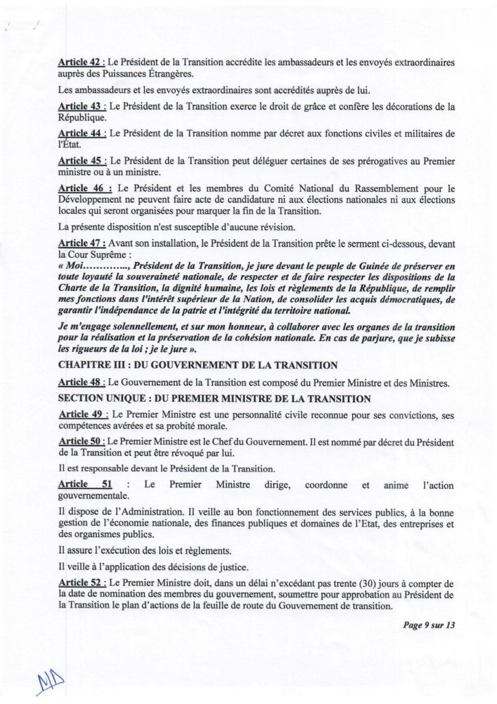 Guinée : le Cnrd publie sa charte de transition, le Président Doumbouya pas candidat à la prochaine présidentielle selon les médias guinéens