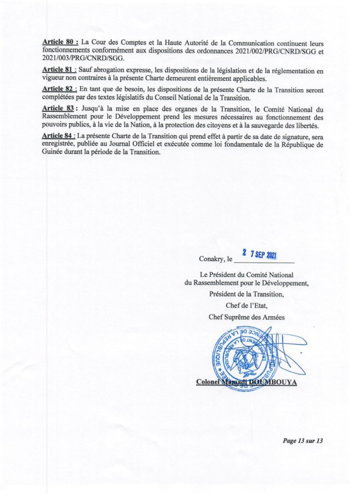 Guinée : le Cnrd publie sa charte de transition, le Président Doumbouya pas candidat à la prochaine présidentielle selon les médias guinéens