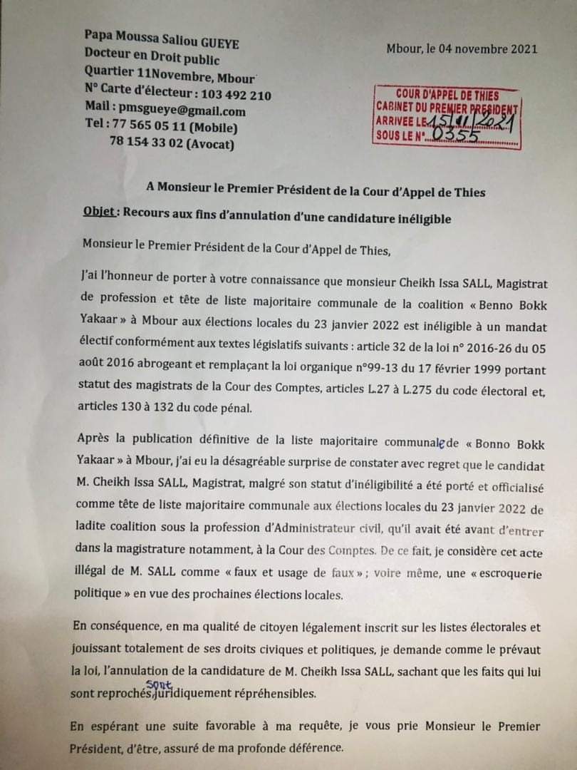 Mbour : YAW saisit les juridictions par un recours aux fins d'annulation de la candidature de Cheikh Issa Sall à la mairie.