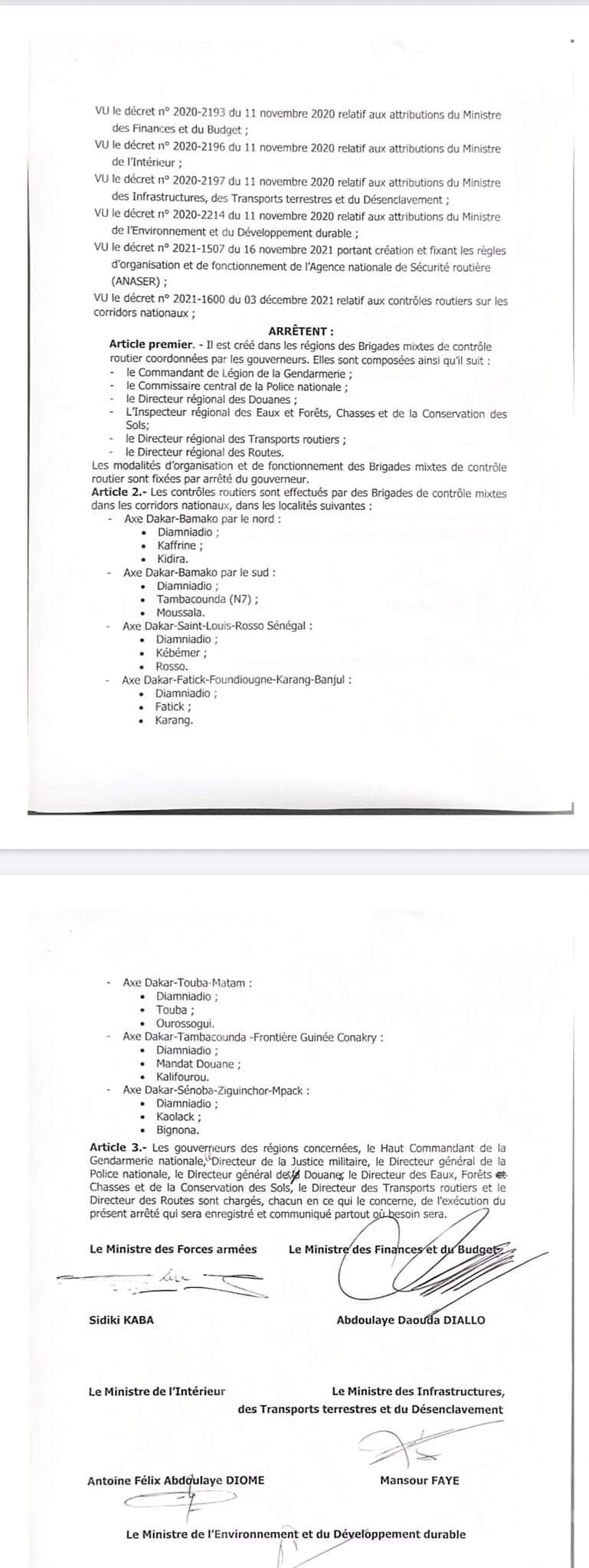 Brigades de controle mixtes routiers sur les corridors nationaux: les localités concernées sur l'axe Dakar-Bamako