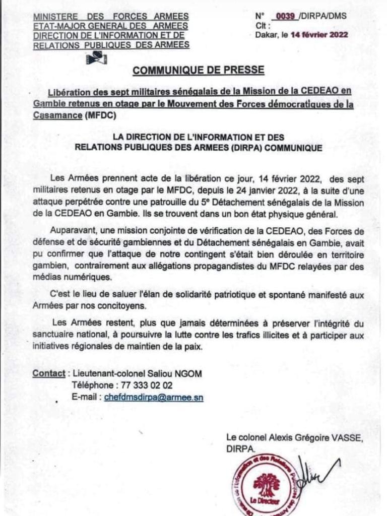 Gambie- Libération des soldats sénégalais: la réaction des forces armées