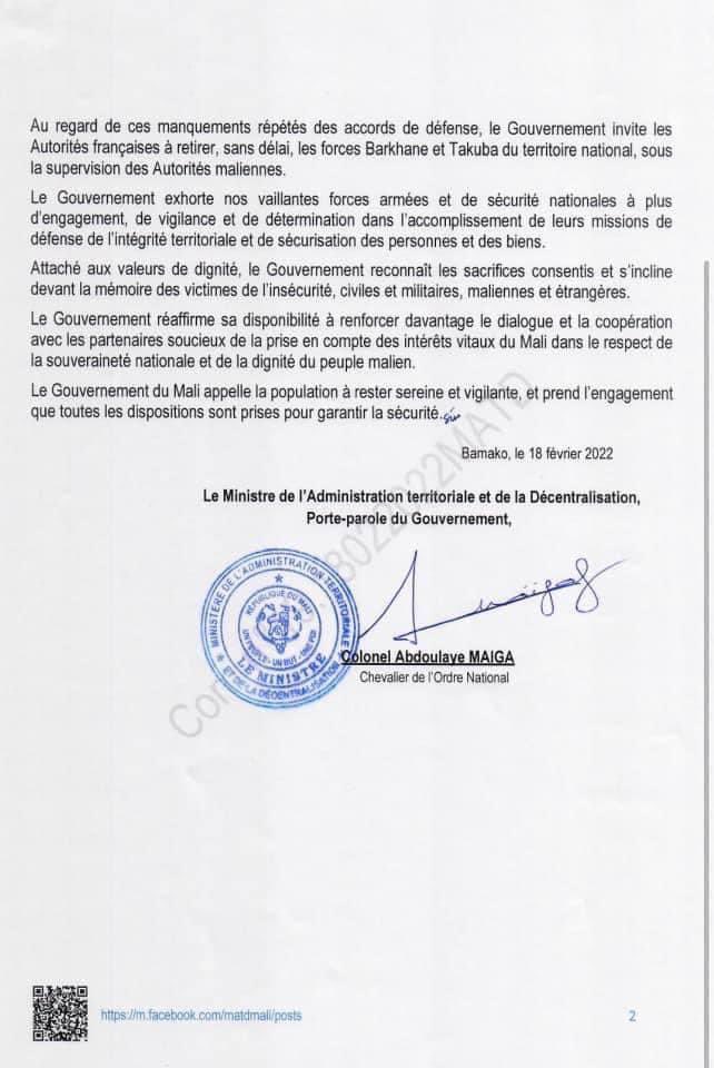 Mali: le Gouvernement de transition demande aux autorités françaises de retirer, sans délai les forces Barkhane et Takuba du territoire national