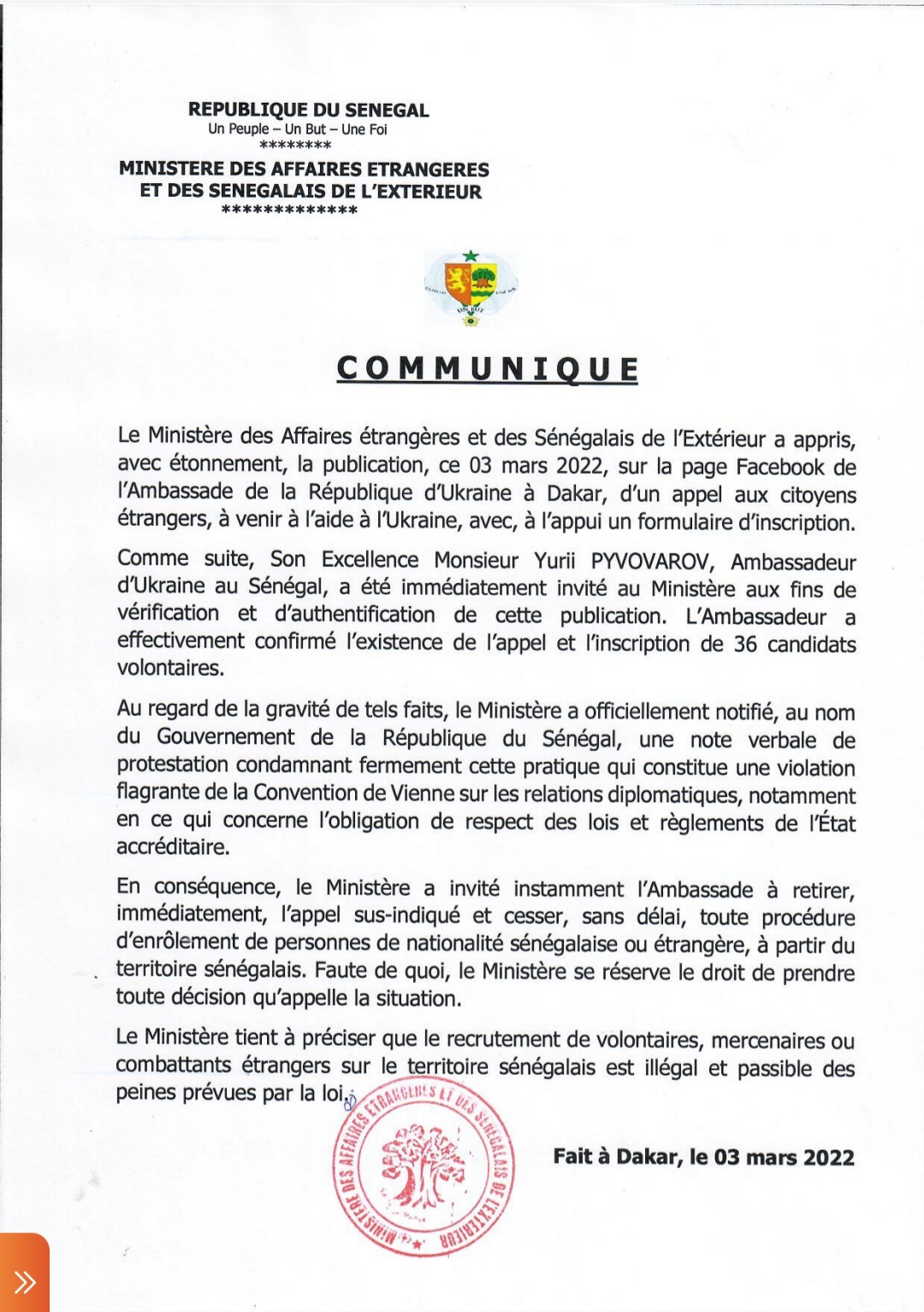 Recrutement de citoyens sénégalais pour combattre en Ukraine : le Ministre des affaires étrangères adresse une note de protestation à l’Ambassadeur