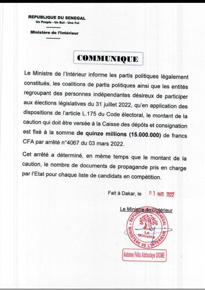 Législatives 2022 : la caution pour la participation fixée à 15.000.000 F CFA (DOCUMENT)