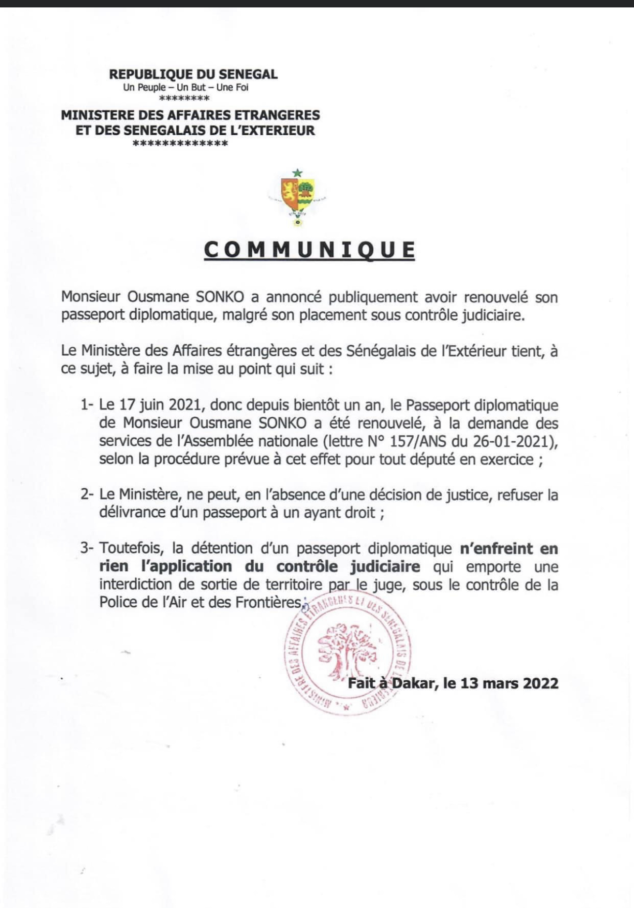 Passeport diplomatique de Ousmane Sonko: Les précisions du ministère des affaires étrangères