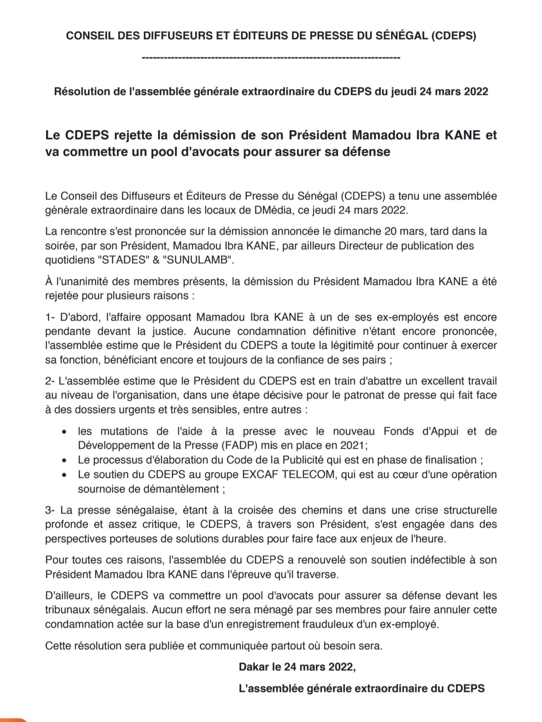 Traduit en justice par un ex-employé : Mamadou Ibra Kane, président du CDEPS peut compter sur ses administrés pour sa défense. Traduit en justice par un ex-employé : Mamadou Ibra Kane, président du CDEPS peut compter sur ses administrés pour sa défense.