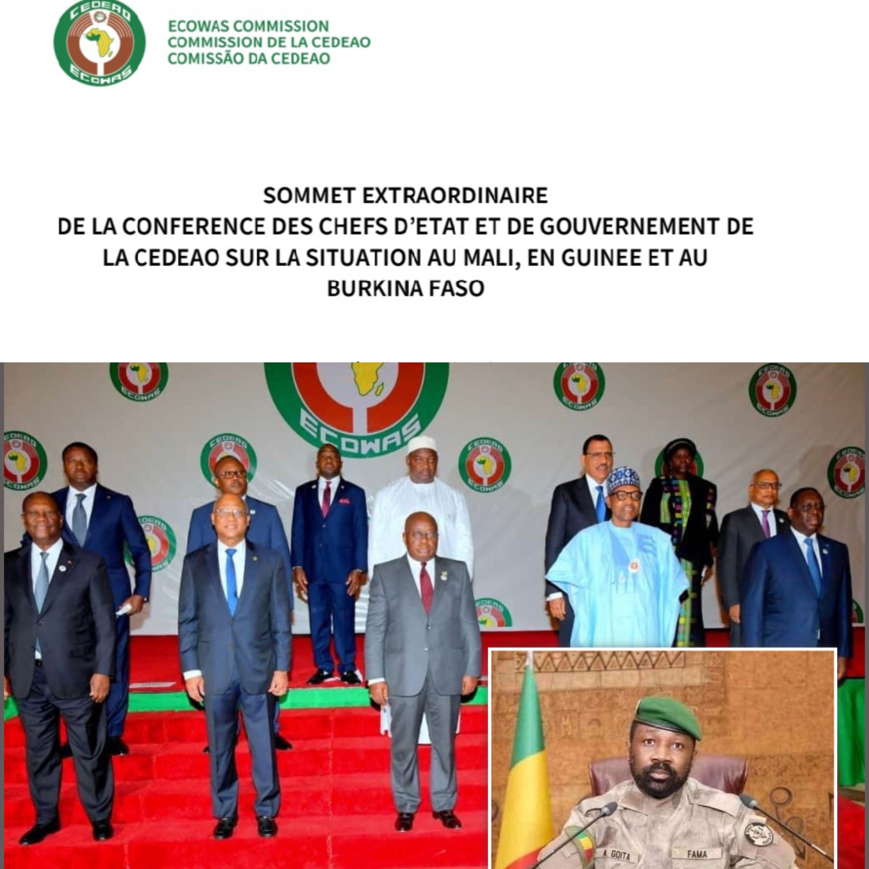 SOMMET SUR LA SITUATION AU MALI, EN GUINÉE ET AU BURKINA FASO : l’essentiel des décisions prises par les Chefs d’Etat (Document)