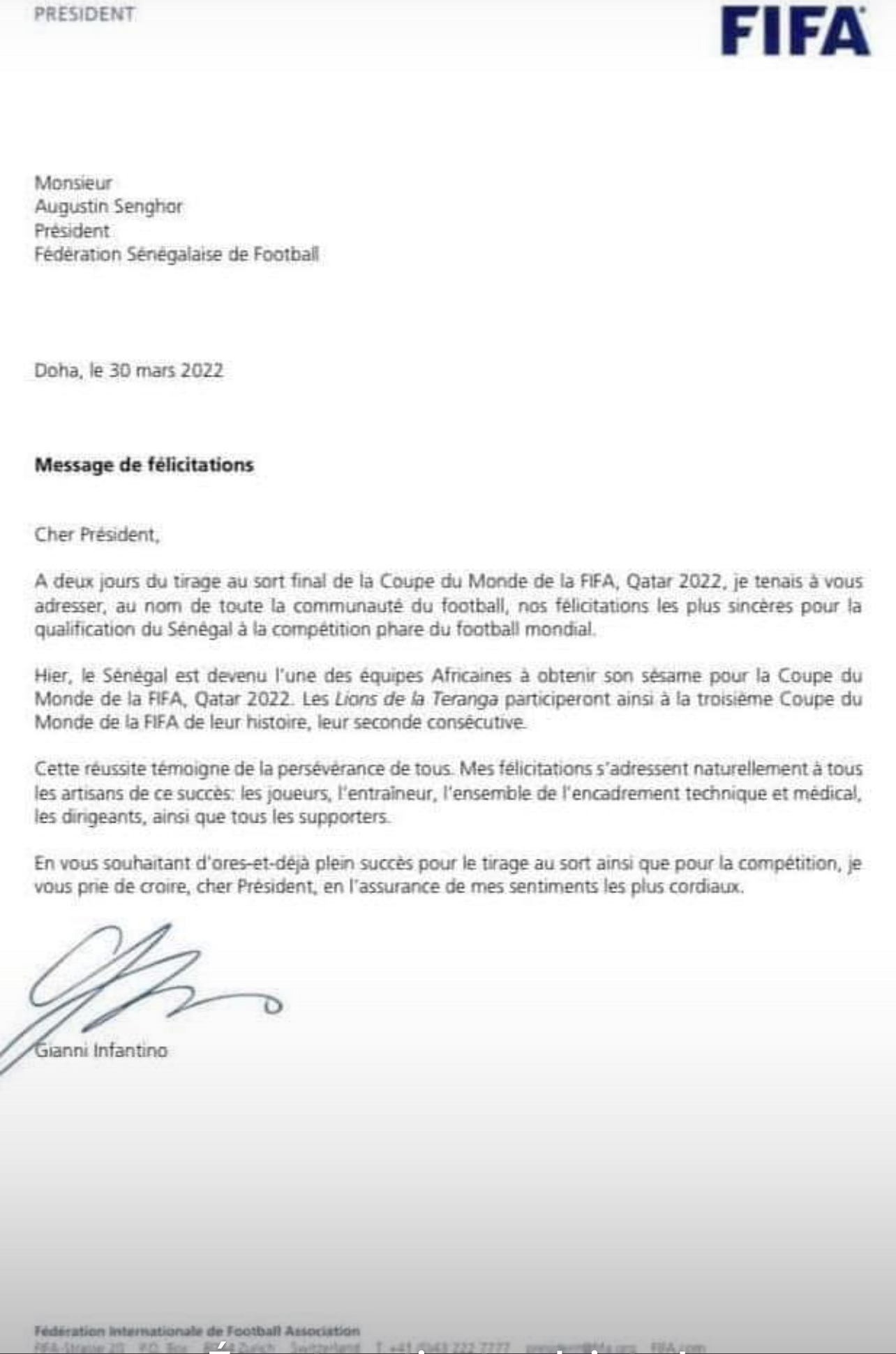 Qualifications mondial 2022 : Malgré la plainte des égyptiens, La fédération sénégalaise reçoit les félicitations de Gianni Infantino…
