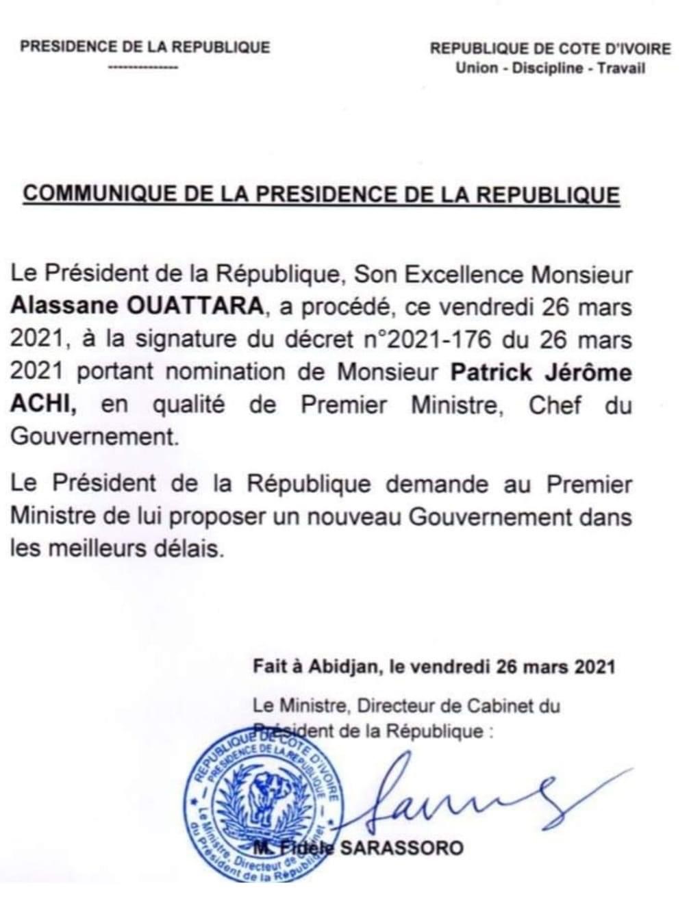 Côte d’Ivoire : démission du Premier Ministre Patrick Achi