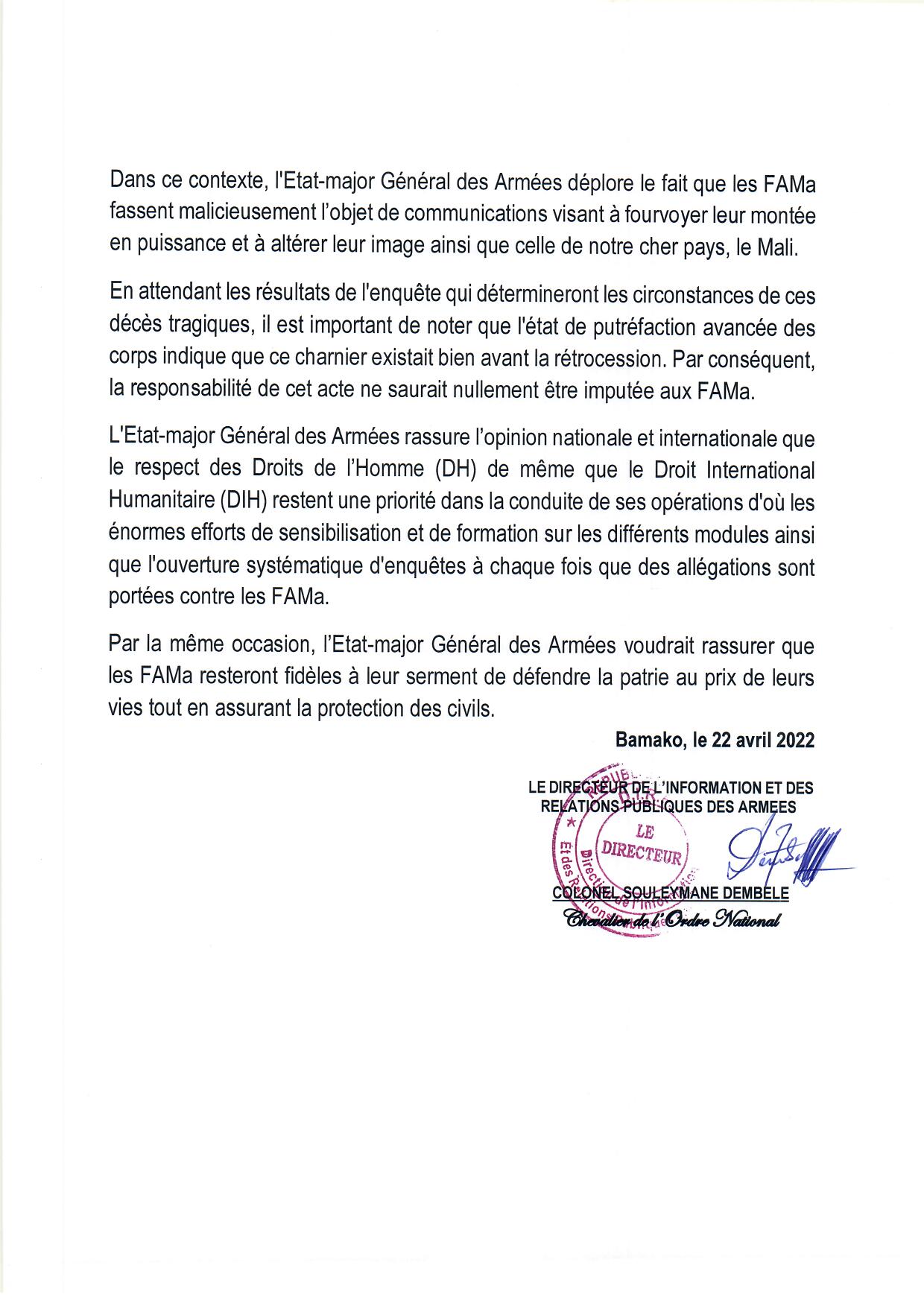 Mali : l'Etat Major s'explique sur les corps filmés entrain d'etre enfouis par des "mercenaires" russes