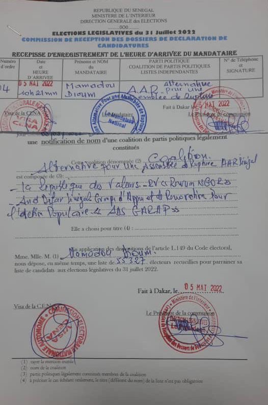 Législatives 2022 : La coalition AAR SENEGAL a déposé 55.327 parrainages à la DGE.