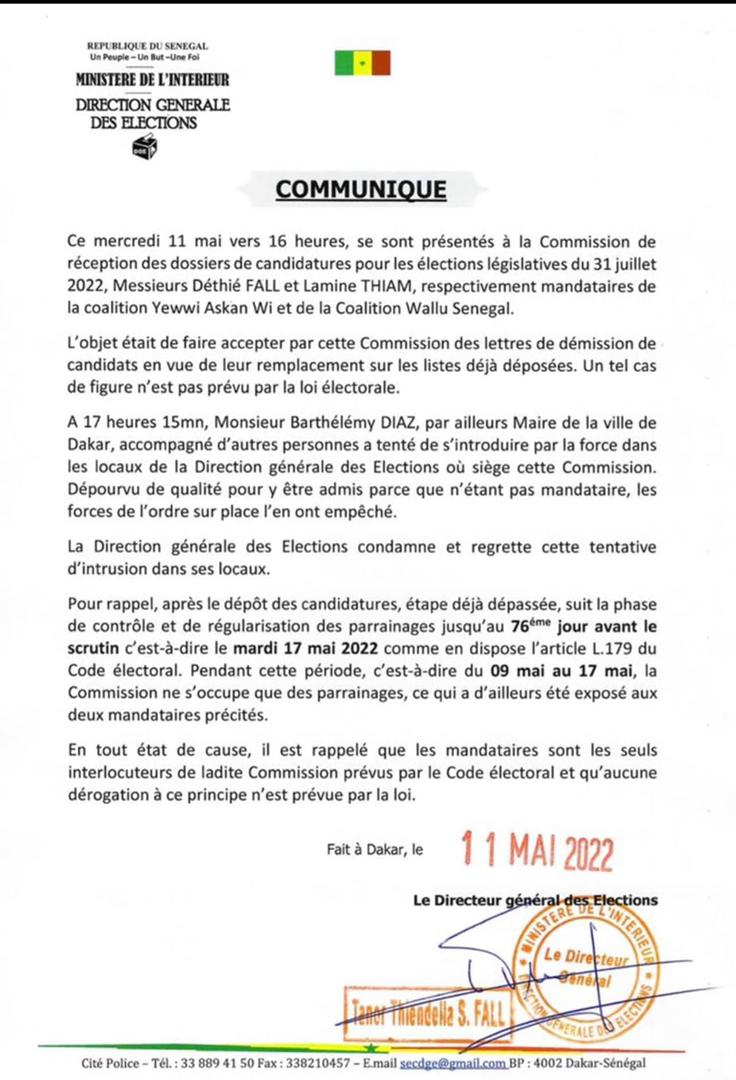 Risque de forclusion de la liste de Yaw Dakar : Les précisions de la DGE qui brandit l’article L.179 du Code électoral.