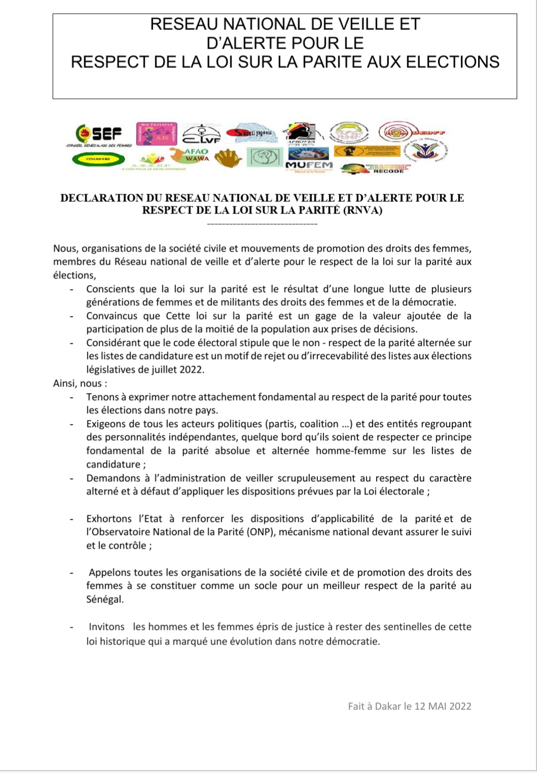 PARITÉ : le réseau national de veille et d’alerte invite à un meilleur respect au Sénégal de la loi
