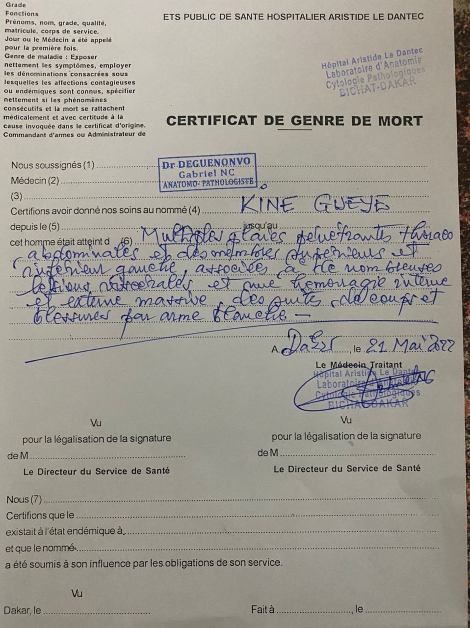 Assassinat de Kiné Gueye: ce que révéle le certificat de genre de mort