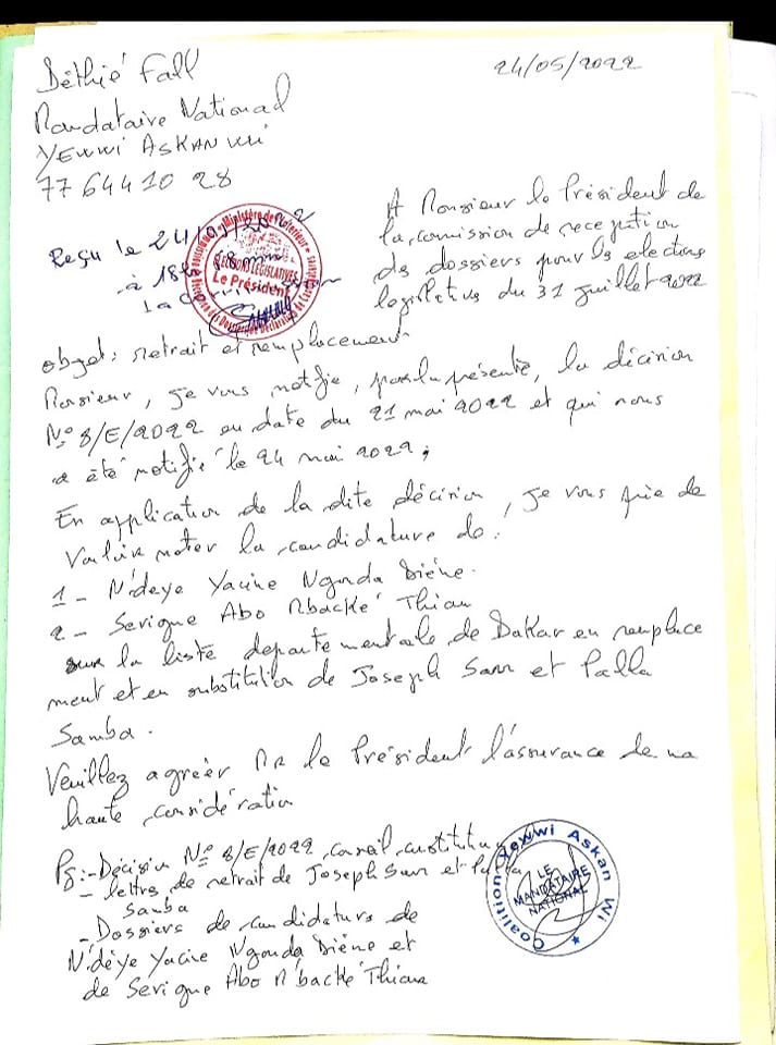 DGE : Le mandataire national de YAW a procédé aux retraits et remplacements sur la liste de Dakar.