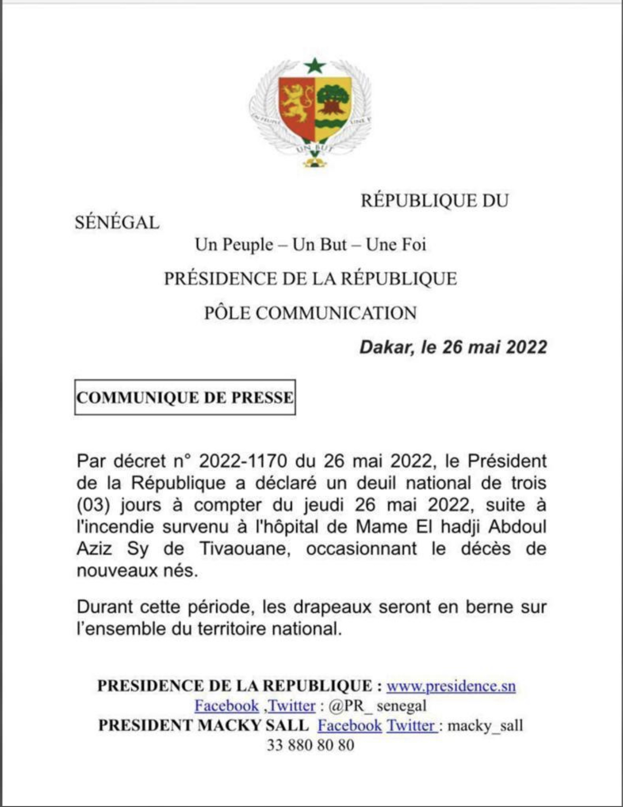 Décès de 11 bébés à l’hôpital de Tivaouane : Le président Macky Sall décrète 3 jours de deuil national.