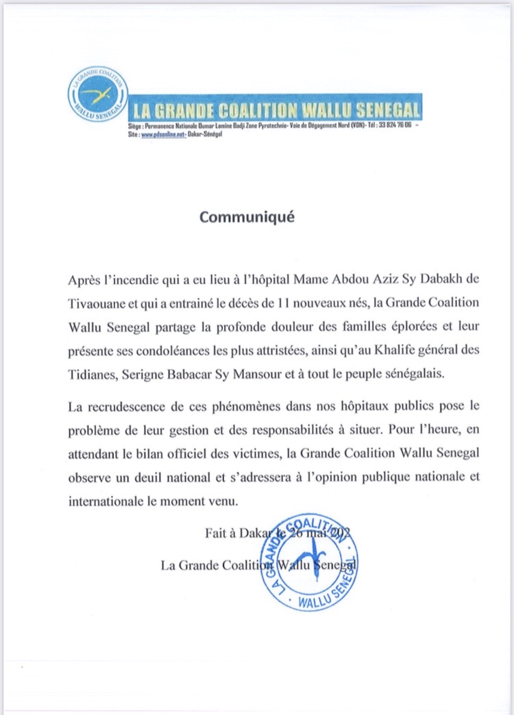 Tragédie à Tivaouane : la Grande Coalition Wallu Sénégal s’incline devant la mémoire des disparus et s’interroge sur la gestion des hôpitaux publics.