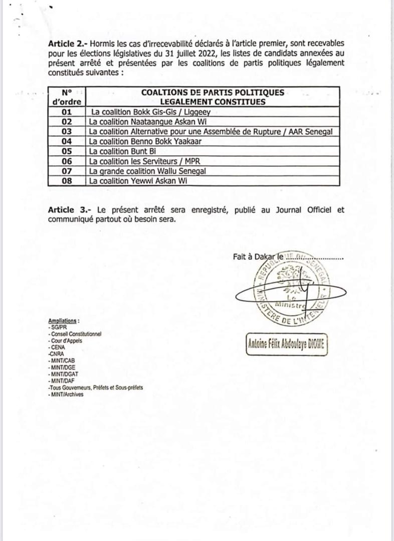 DGE: La liste des suppléants de « Benno » et celle titulaire nationale de « Yewwi Askan Wi » rejetées ... !