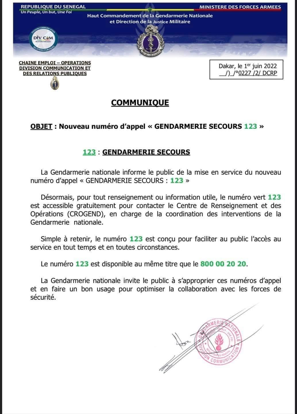 Sécurité : « Gendarmerie Secours 123 », le nouveau numéro mis à la disposition du public.