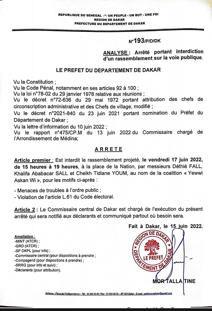 Manifestation de l'opposition : le Préfet de Dakar interdit le rassemblement de Yewwi Askan Wi de ce Vendredi