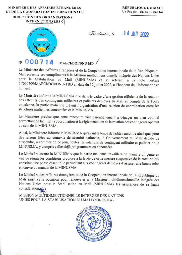 Mali: les autorités suspendent toutes les rotations des contingents de la Minusma