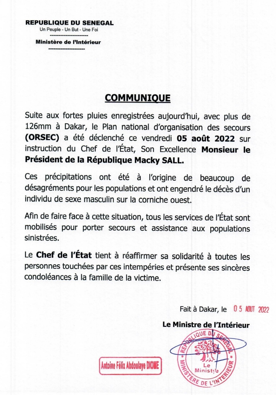 Sénégal : Le ministre de l'intérieur déclenche le plan ORSEC sur l'étendue du territoire national (Arrêté) 