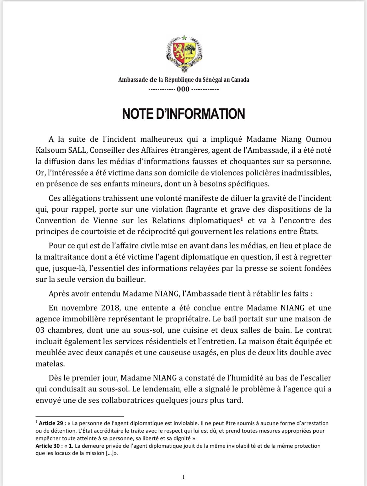 Affaire de la diplomate Sénégalaise : l'ambassade du Sénégal au Canada se désole de « la diffusion d'informations fausses et choquantes » et livre sa version des faits.