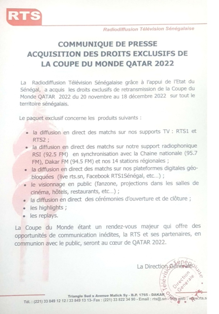 Coupe du monde / Qatar 2022 : la RTS détentrice des droits exclusifs de retransmission.