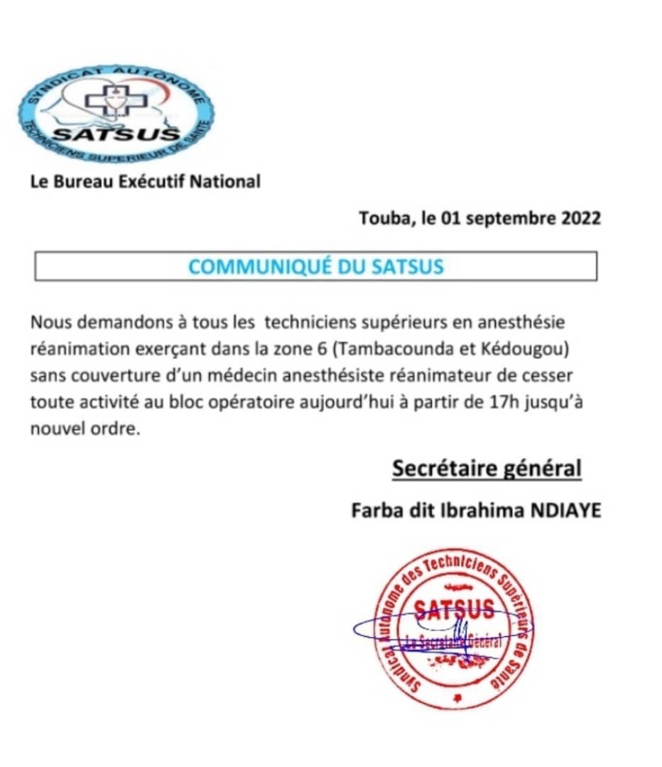 Kédougou-Tamba / Décès de M. D. Diallo : le SATSUS demande aux techniciens supérieurs en anesthésie de « cesser toute activité »