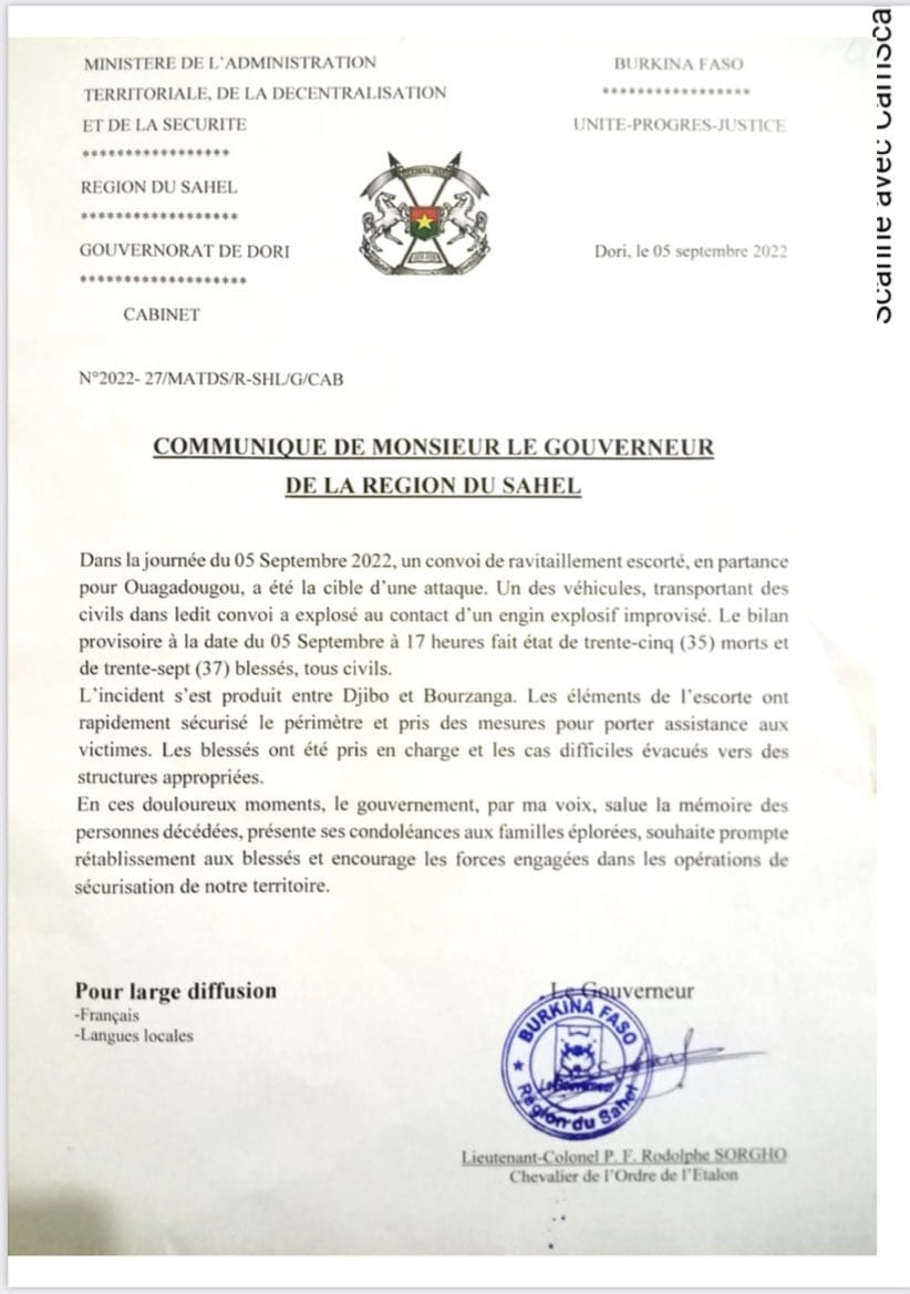 Burkina Faso : 35 civils tués et 37 blessés lors d'une attaque dans le nord du pays.