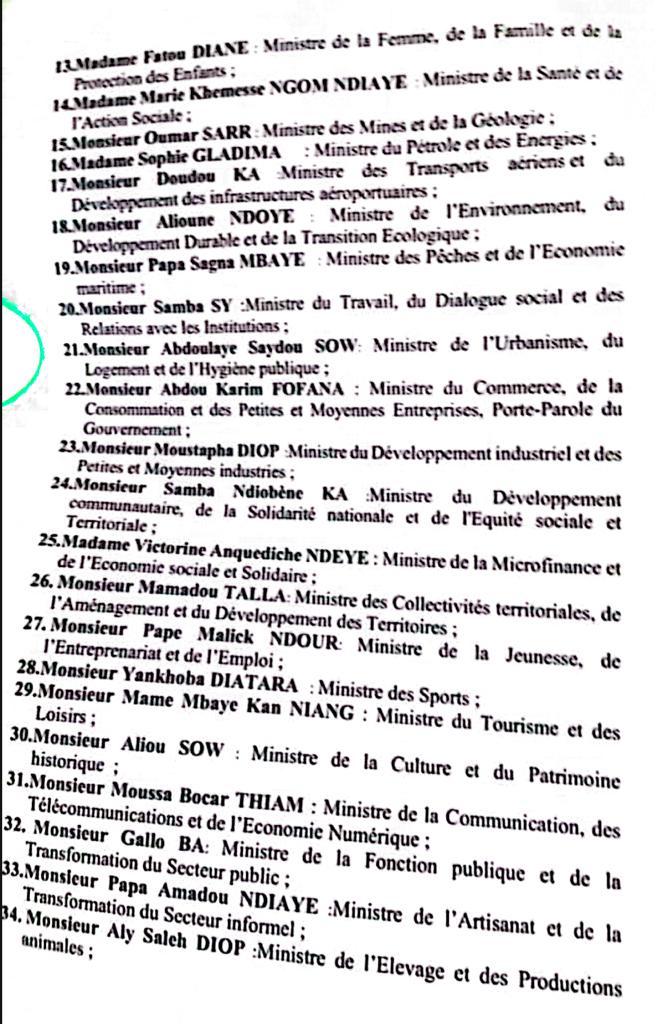 SÉNÉGAL / REMANIEMENT : Voici la liste complète des ministre du nouveau Gouvernement dirigé par le Premier ministre Amadou BA.