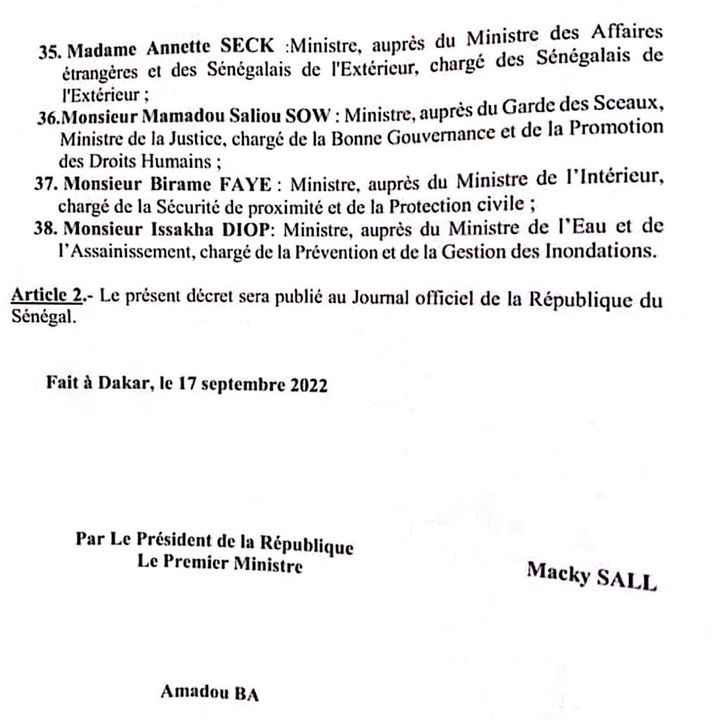 SÉNÉGAL / REMANIEMENT : Voici la liste complète des ministre du nouveau Gouvernement dirigé par le Premier ministre Amadou BA.
