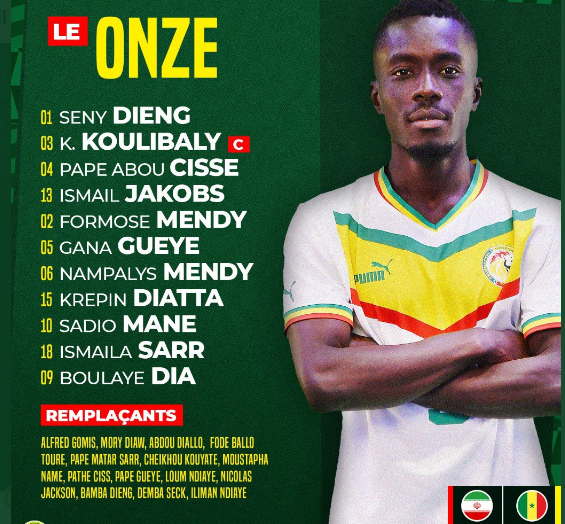 Senegal vs Iran : Voici le onze de départ avec les premières titularisations de Formose Mendy et Ismaël Jakobs en défense...