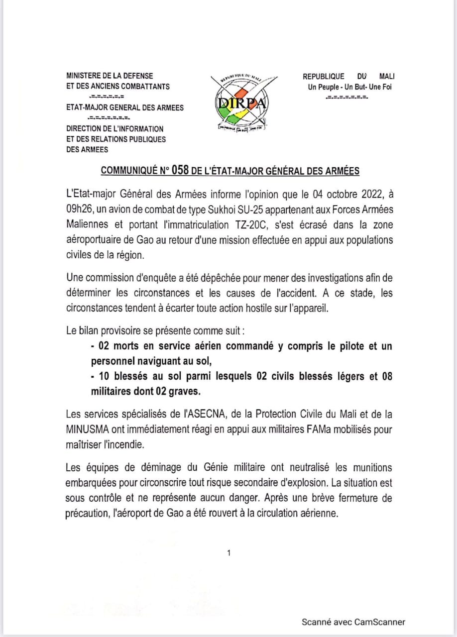 Mali / Crash d'un avion de chasse de l'armée Malienne à Gao : 2 morts et 19 blessés.
