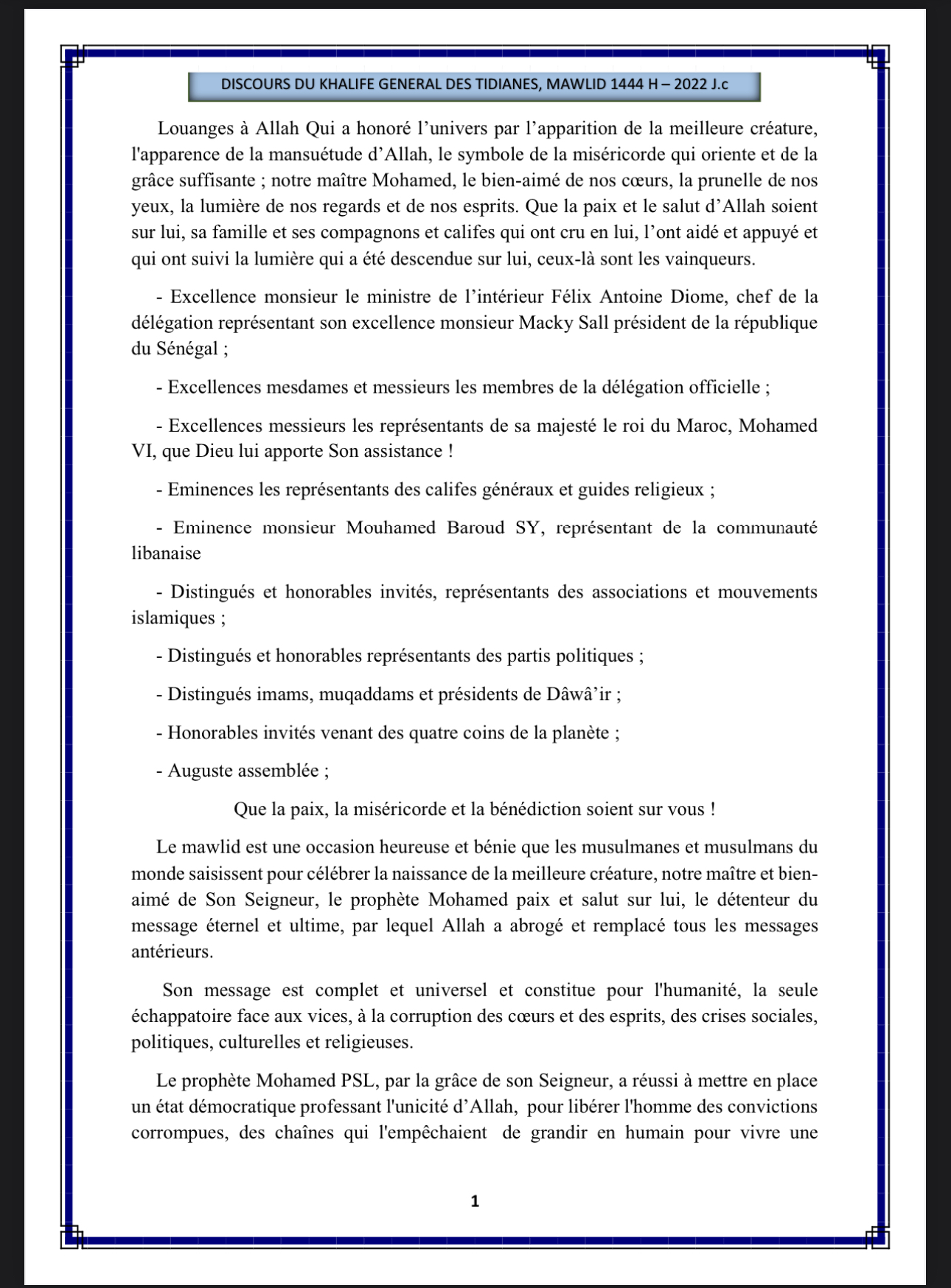 121ème édition du Gamou de Tivaouane : L'intégralité du message du Khalife général des Tidianes, Serigne Babacar Sy Mansour...
