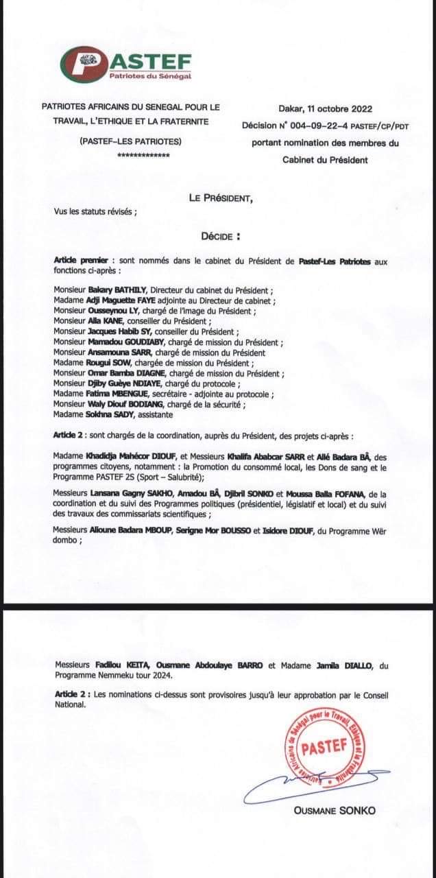 Politique : Pastef Les Patriotes publie la liste des membres du bureau, de la Haute Autorité de Régulation du parti, du cabinet du Président Ousmane Sonko et des commissaires scientifiques. (DOCUMENTS)