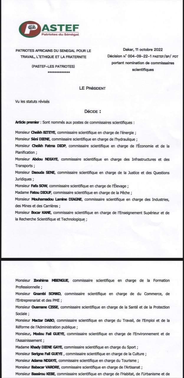 Politique : Pastef Les Patriotes publie la liste des membres du bureau, de la Haute Autorité de Régulation du parti, du cabinet du Président Ousmane Sonko et des commissaires scientifiques. (DOCUMENTS)