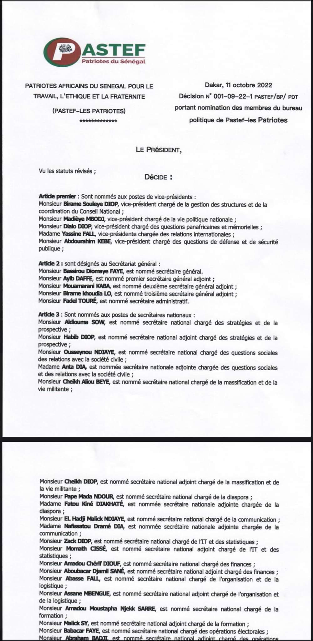 Politique : Pastef Les Patriotes publie la liste des membres du bureau, de la Haute Autorité de Régulation du parti, du cabinet du Président Ousmane Sonko et des commissaires scientifiques. (DOCUMENTS)