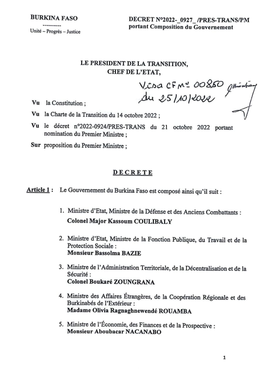 Burkina Faso : Un gouvernement de 23 membres pour diriger la transition