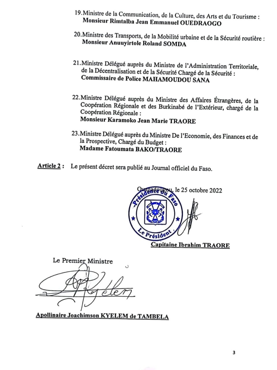 Burkina Faso : Un gouvernement de 23 membres pour diriger la transition