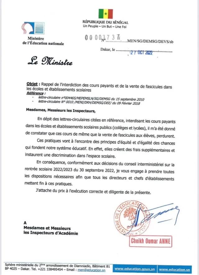 Cours payants et ventes de fascicules dans les établissements scolaires : Cheikh Oumar ANNE y met un terme